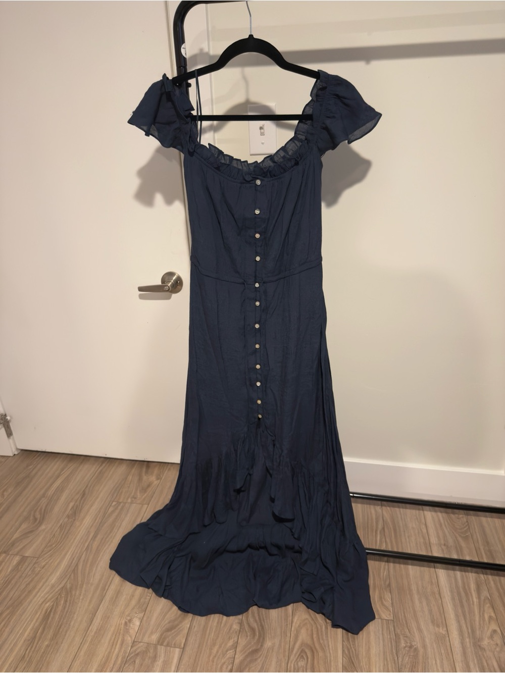 Magnolia Navy Ruffle Off-Shoulder Button-Front High-Low Dress
